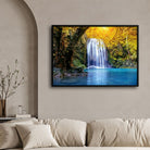 Golden Glow Falls – Serene Waterfall Canvas Wall Art 2 : 3 Horizontal Premium Wall Art Canvas by MeriDeewar