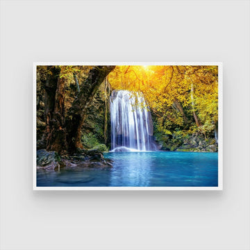 Golden Glow Falls – Serene Waterfall Canvas Wall Art 2 : 3 Horizontal Premium Wall Art Canvas by MeriDeewar