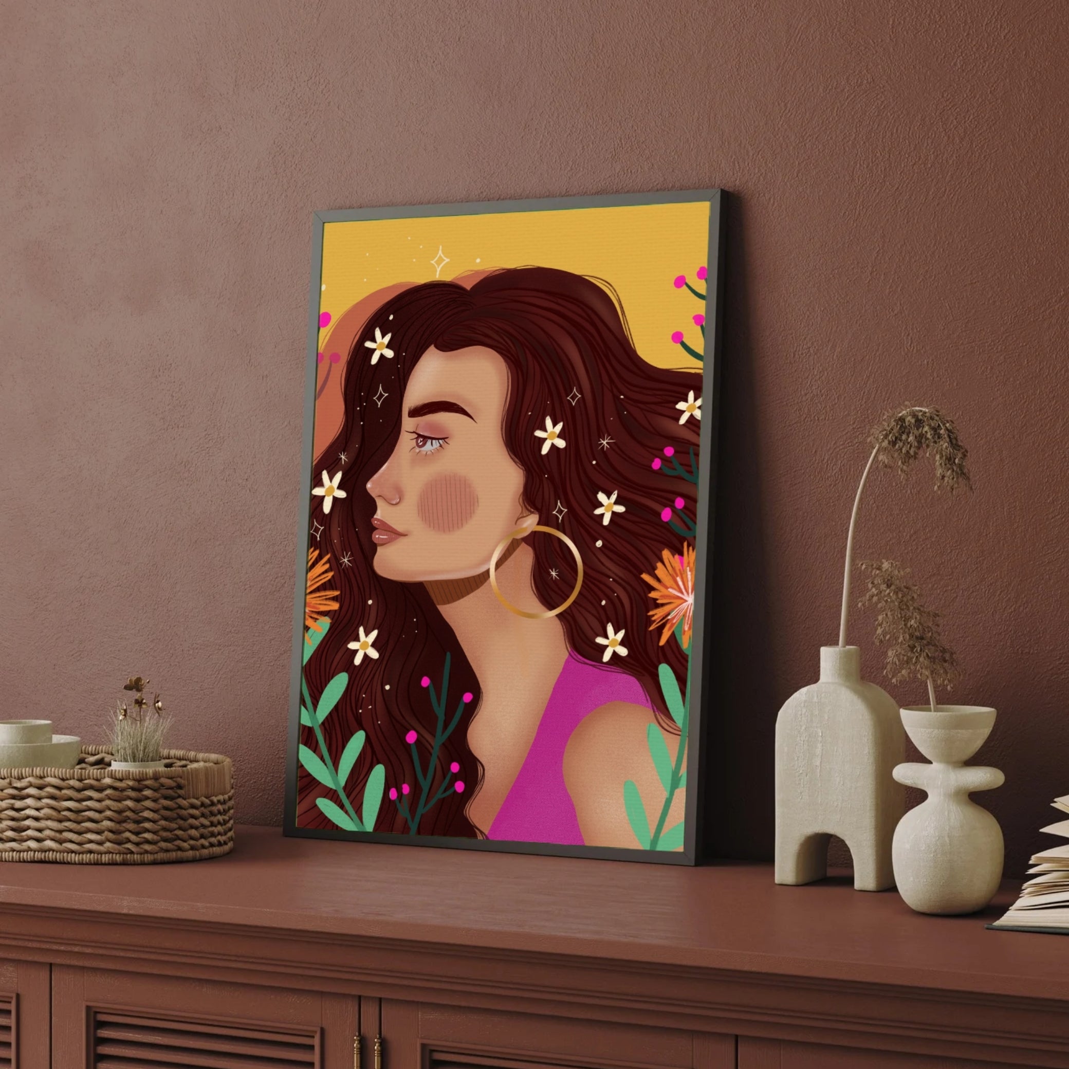 Golden Glow – Floral Woman Portrait Wall Art Print 2 : 3 Vertical Premium Wall Art Canvas by MeriDeewar