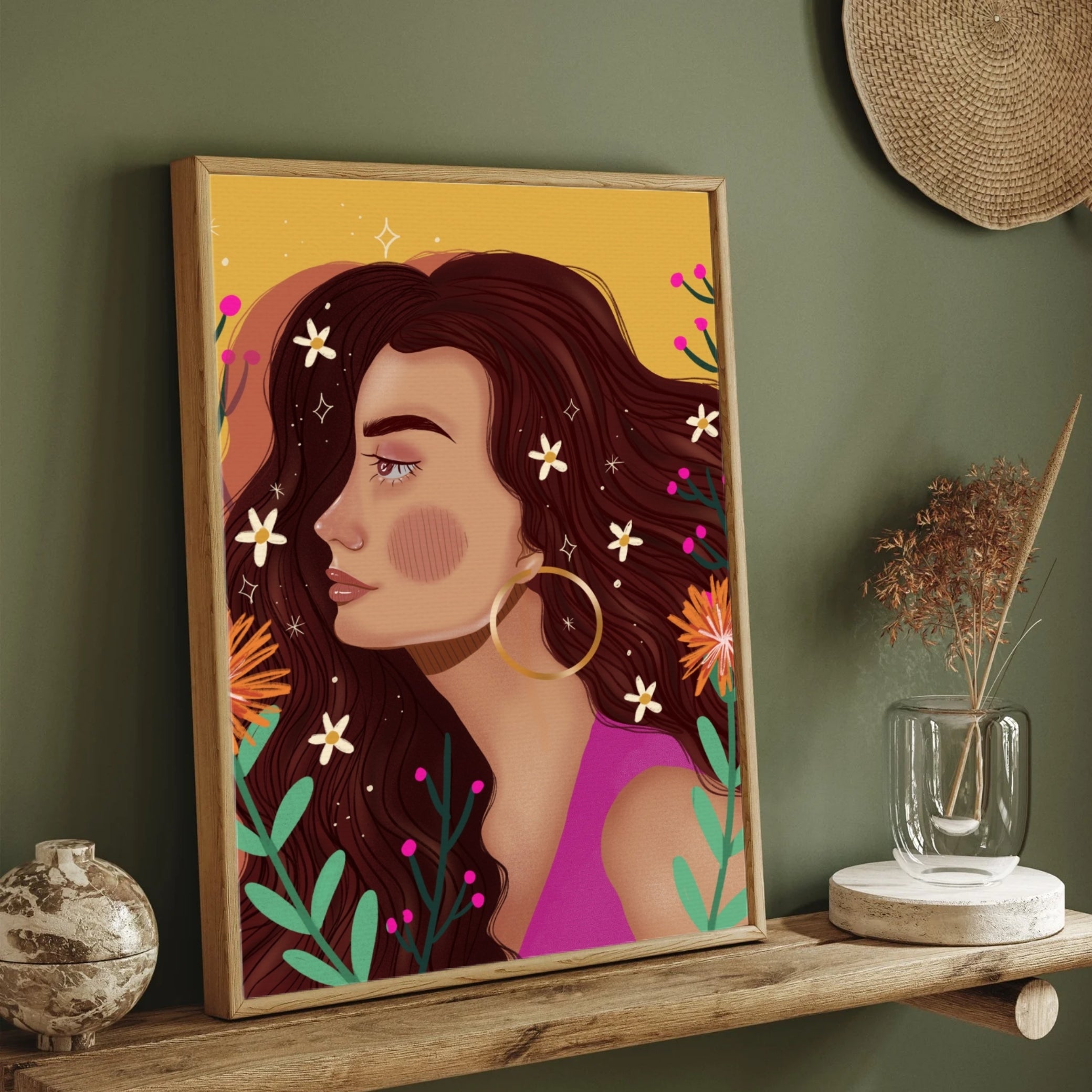 Golden Glow – Floral Woman Portrait Wall Art Print 2 : 3 Vertical Premium Wall Art Canvas by MeriDeewar