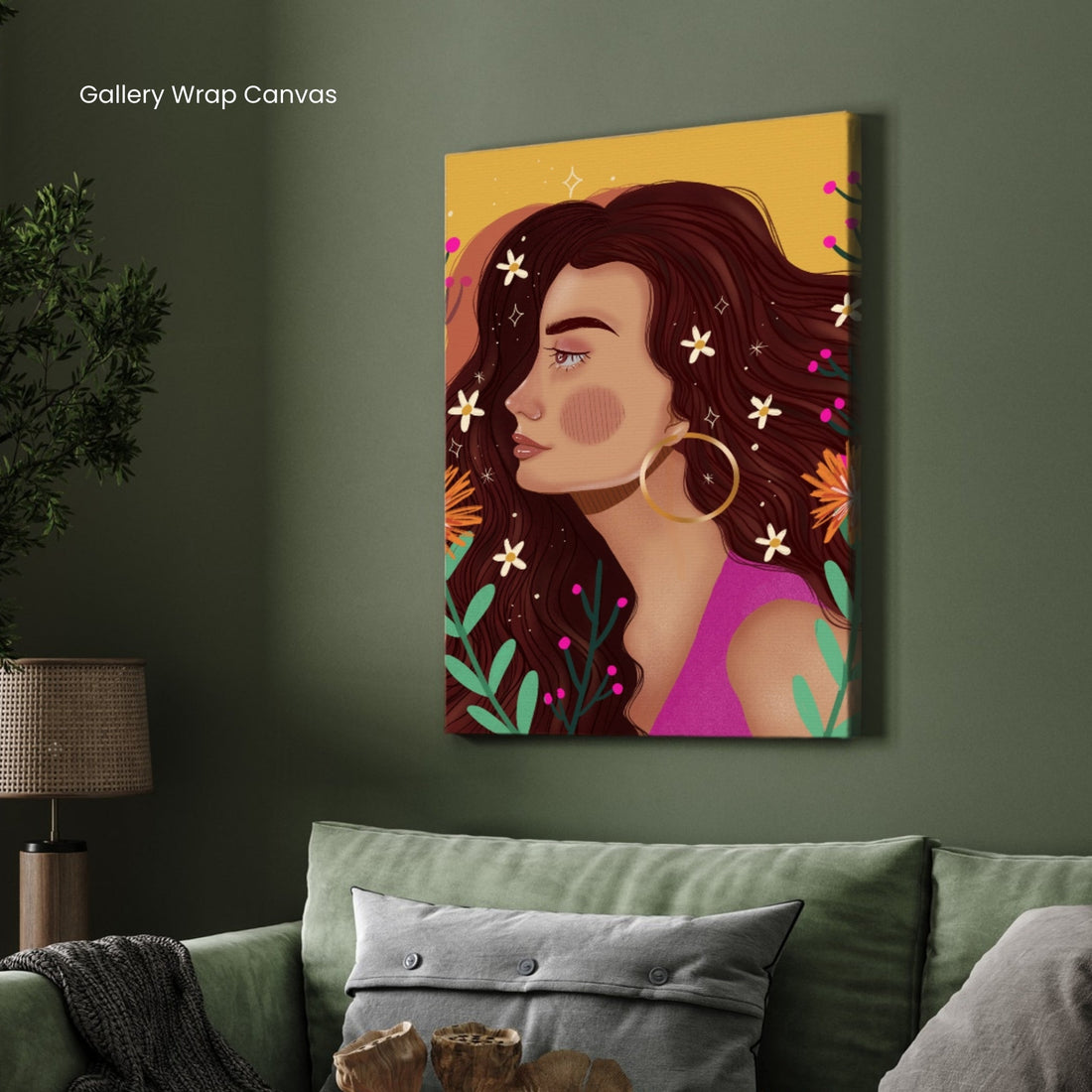 Golden Glow – Floral Woman Portrait Wall Art Print 2 : 3 Vertical Premium Wall Art Canvas by MeriDeewar