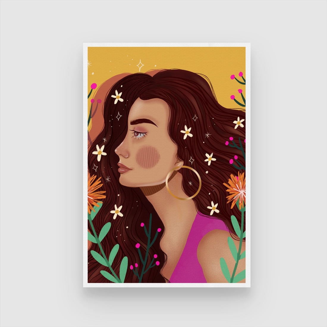 Golden Glow – Floral Woman Portrait Wall Art Print 2 : 3 Vertical Premium Wall Art Canvas by MeriDeewar