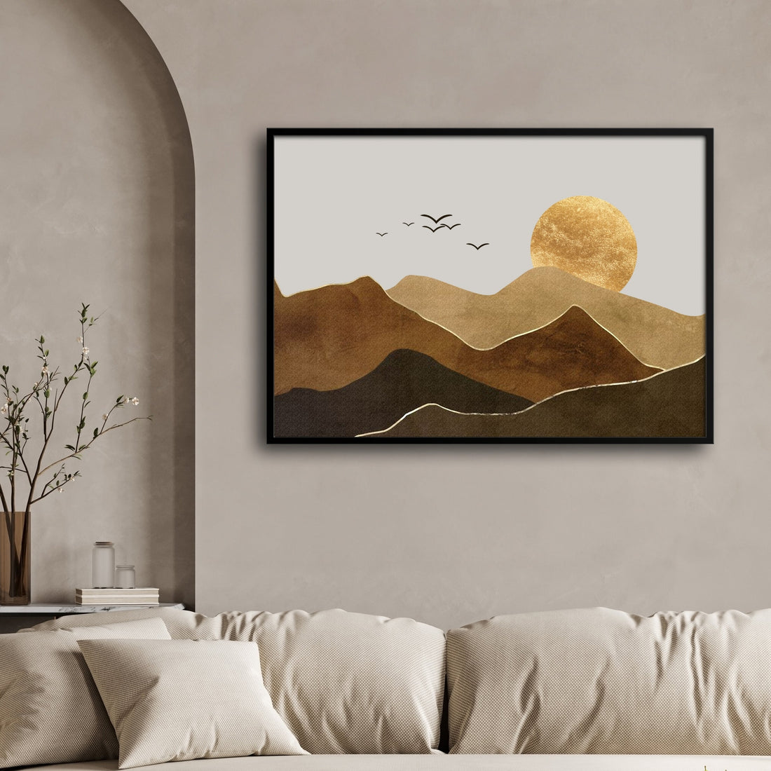 Golden Horizon – Minimalist Mountain Sunset Wall Art 2 : 3 Horizontal Premium Wall Art Canvas by MeriDeewar