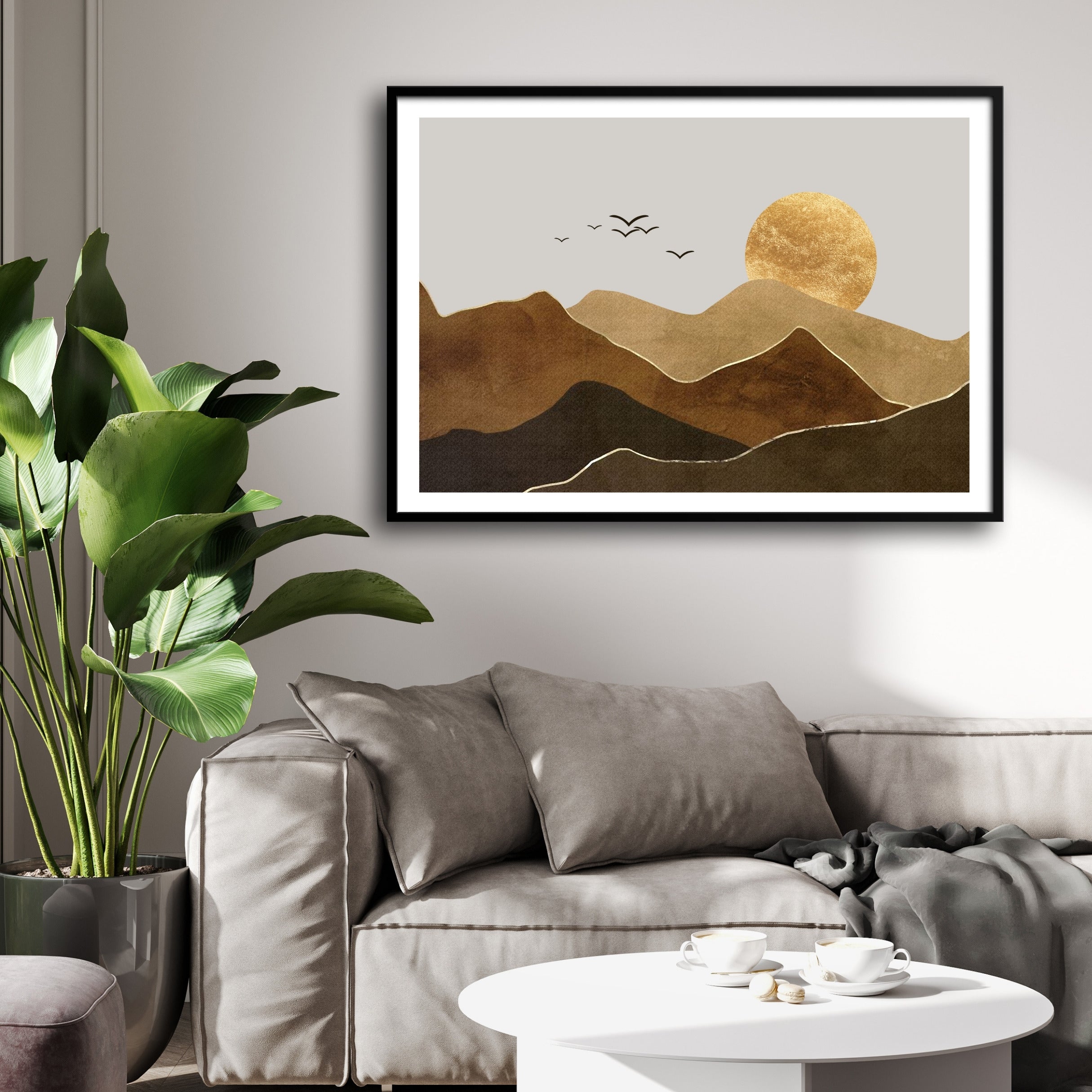 Golden Horizon – Minimalist Mountain Sunset Wall Art 2 : 3 Horizontal Premium Wall Art Canvas by MeriDeewar