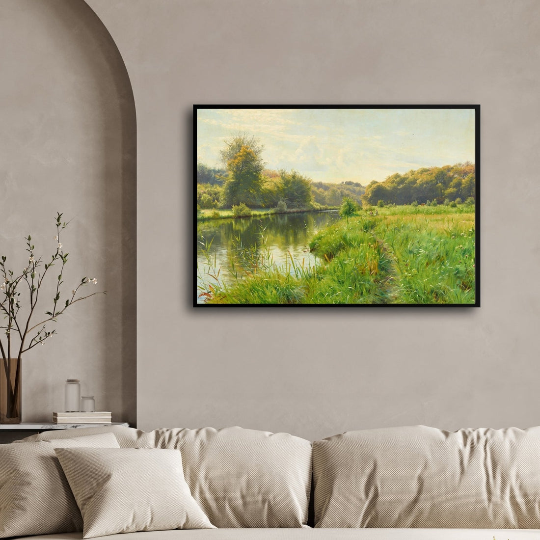 Golden Hour by the River – Realistic Nature Landscape Wall Art 2 : 3 Horizontal Premium Wall Art Canvas by MeriDeewar
