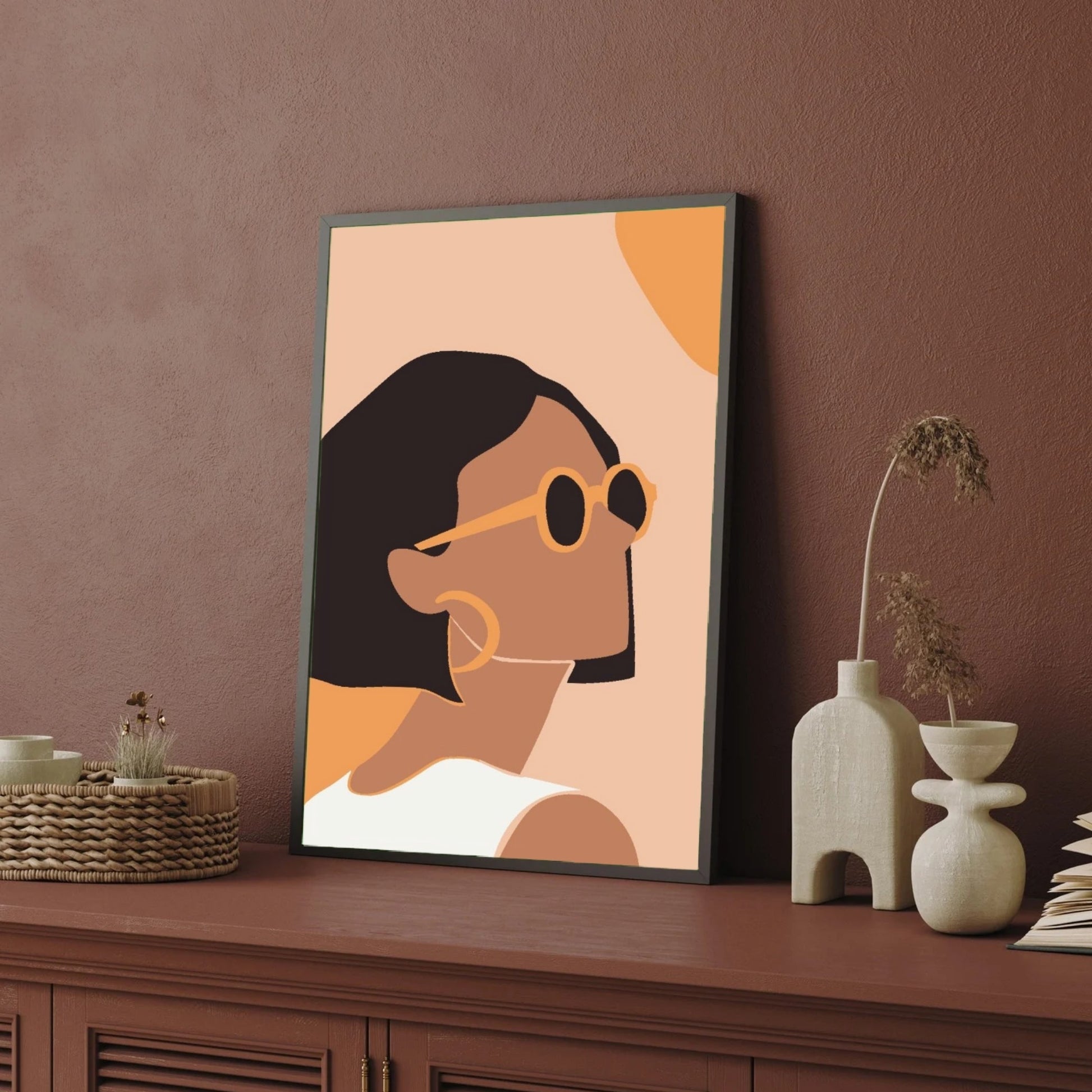 Golden Hour – Minimalist Woman with Sunglasses Wall Art Print 2 : 3 Vertical Premium Wall Art Canvas by MeriDeewar