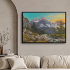 Golden Hour Peaks – Majestic Mountain Stream Landscape Art 2 : 3 Horizontal Premium Wall Art Canvas by MeriDeewar