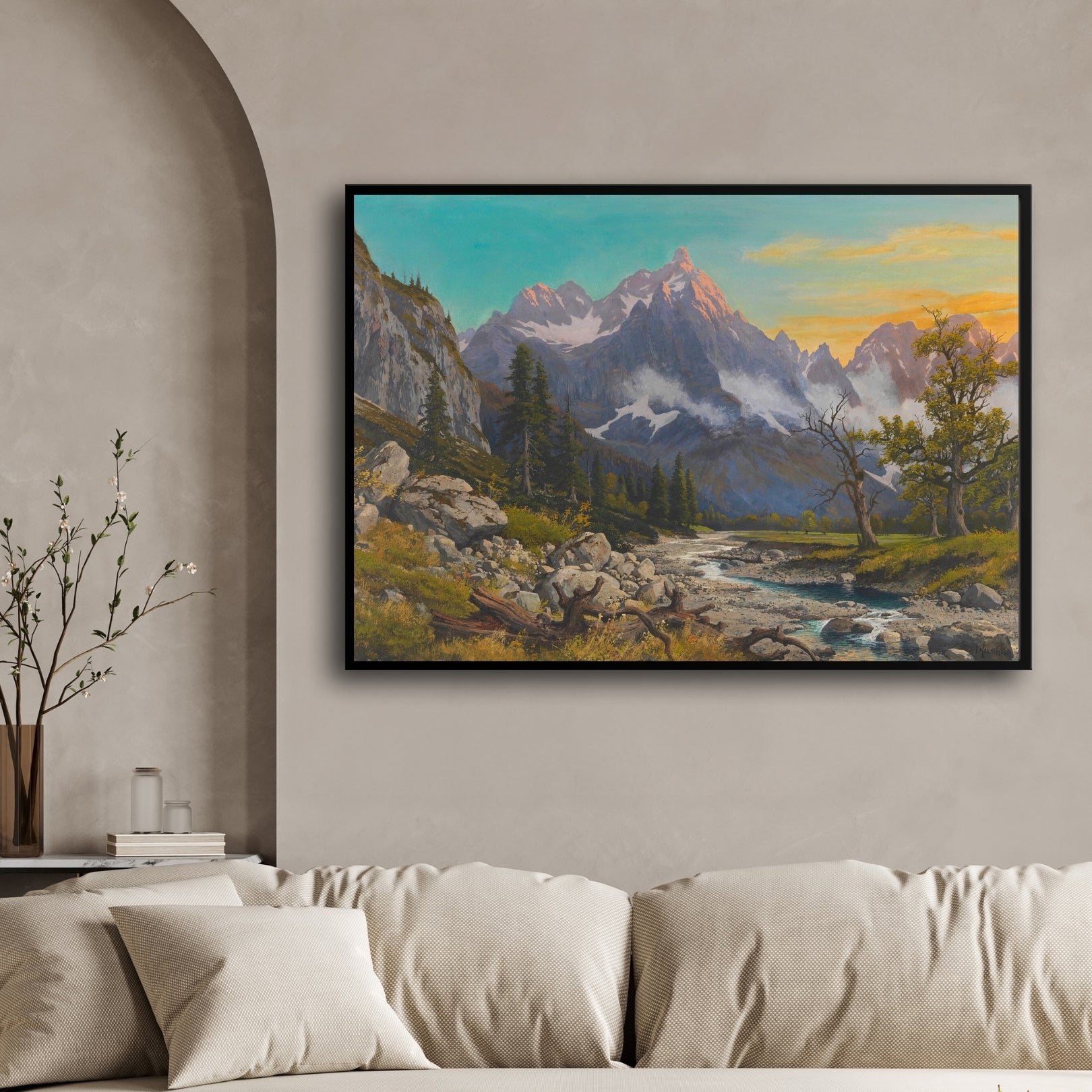 Golden Hour Peaks – Majestic Mountain Stream Landscape Art 2 : 3 Horizontal Premium Wall Art Canvas by MeriDeewar