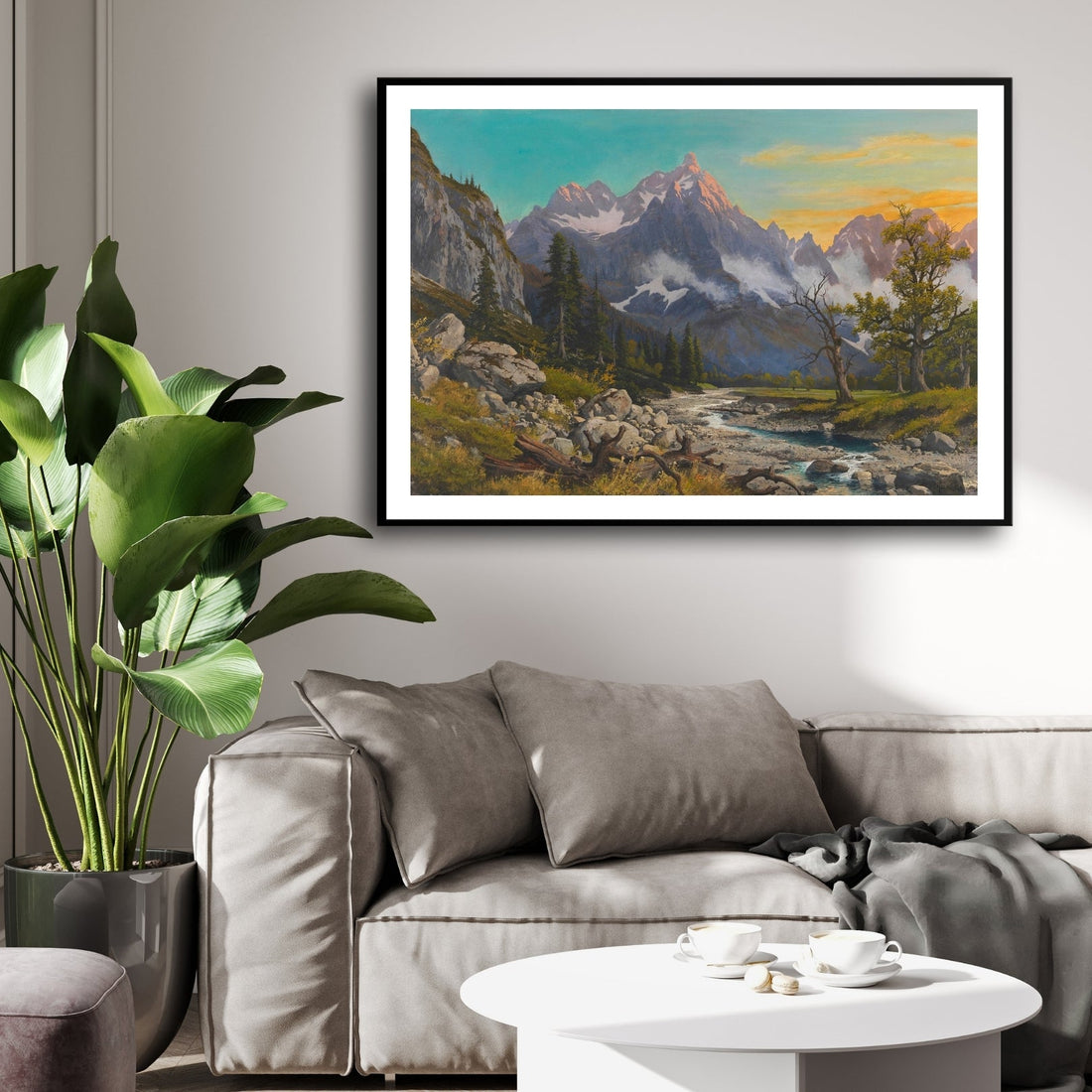 Golden Hour Peaks – Majestic Mountain Stream Landscape Art 2 : 3 Horizontal Premium Wall Art Canvas by MeriDeewar