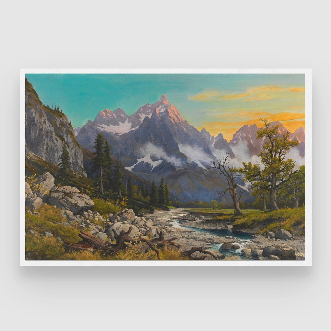 Golden Hour Peaks – Majestic Mountain Stream Landscape Art 2 : 3 Horizontal Premium Wall Art Canvas by MeriDeewar