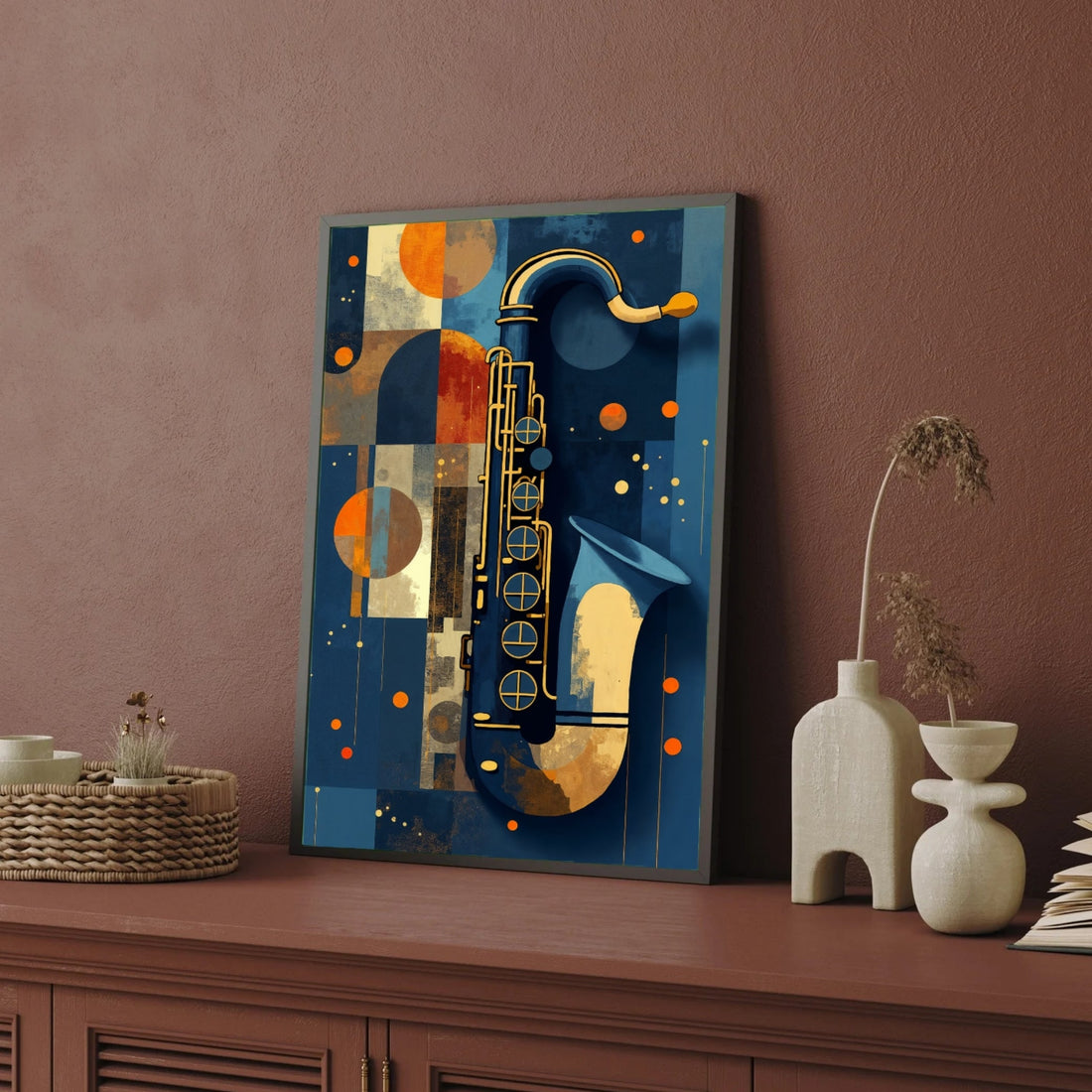Golden Jazz – Abstract Saxophone Wall Art 2 : 3 Vertical Premium Wall Art Canvas by MeriDeewar