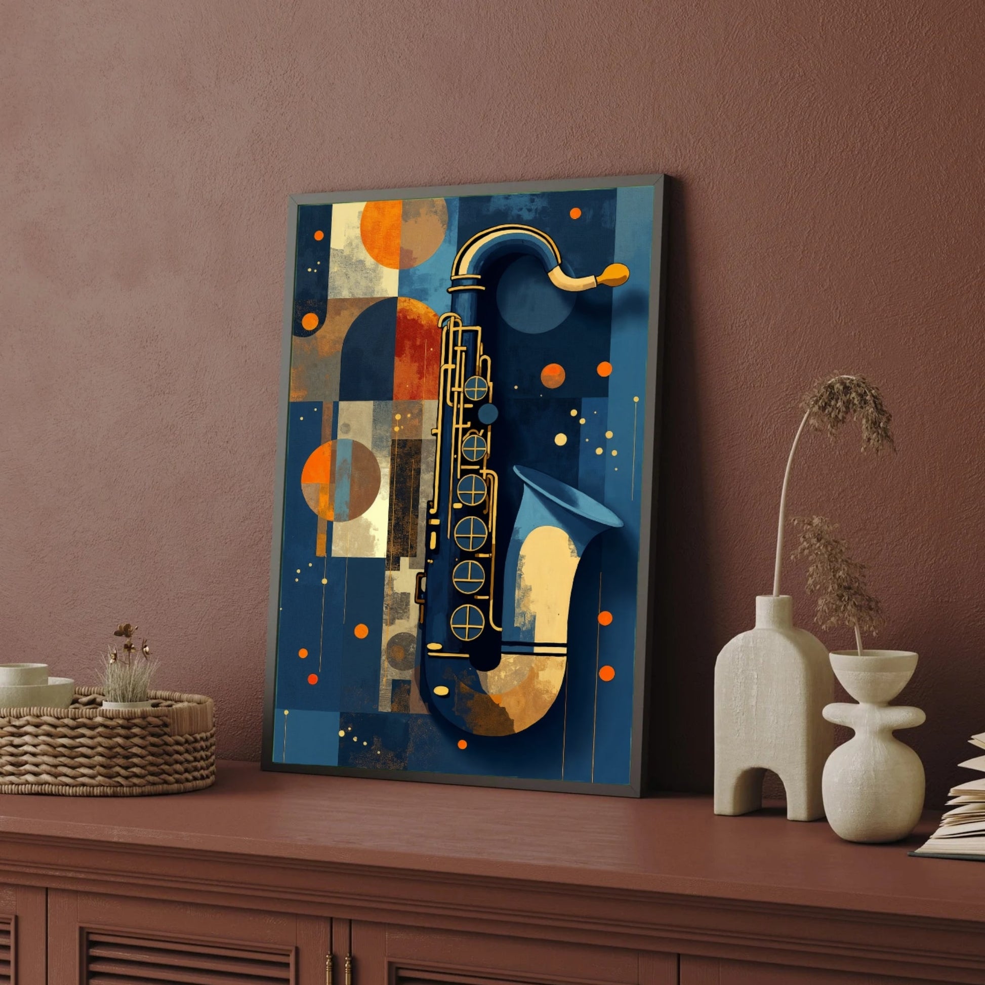 Golden Jazz – Abstract Saxophone Wall Art 2 : 3 Vertical Premium Wall Art Canvas by MeriDeewar