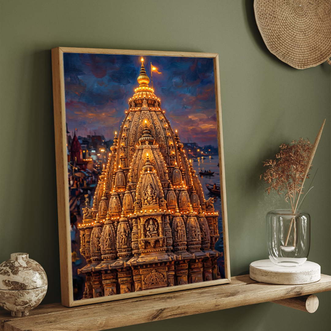 Golden Kashi Temple Shikhara Wall Art | Vertical Oil Painting Framed Print 2 : 3 Vertical Premium Wall Art Canvas by MeriDeewar