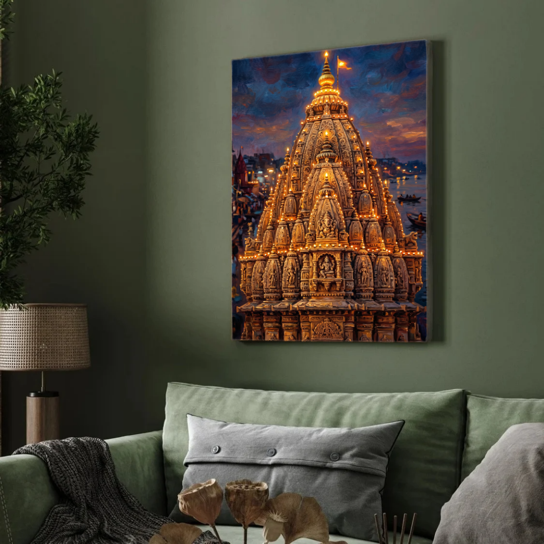Golden Kashi Temple Shikhara Wall Art | Vertical Oil Painting Framed Print 2 : 3 Vertical Premium Wall Art Canvas by MeriDeewar