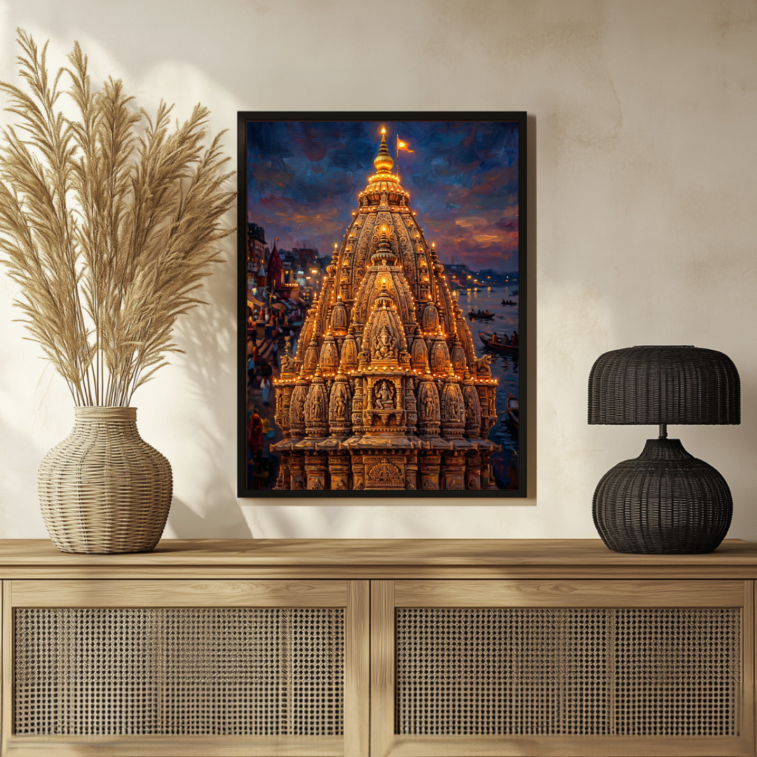 Golden Kashi Temple Shikhara Wall Art | Vertical Oil Painting Framed Print 2 : 3 Vertical Premium Wall Art Canvas by MeriDeewar