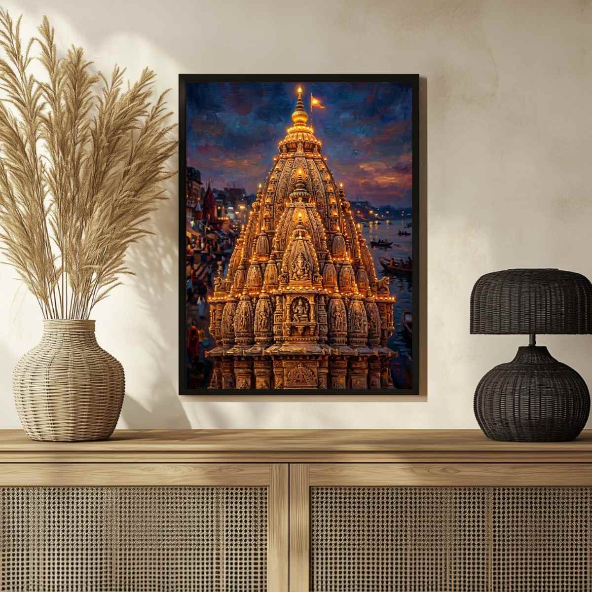 Golden Kashi Temple Shikhara Wall Art | Vertical Oil Painting Framed Print 2 : 3 Vertical Premium Wall Art Canvas by MeriDeewar