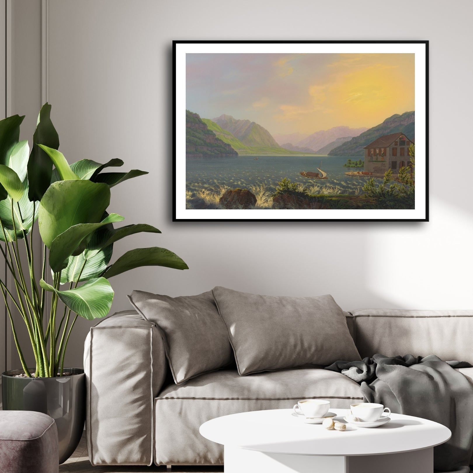 Golden Light on the Lake – Romantic Evening Landscape 2 : 3 Horizontal Premium Wall Art Canvas by MeriDeewar