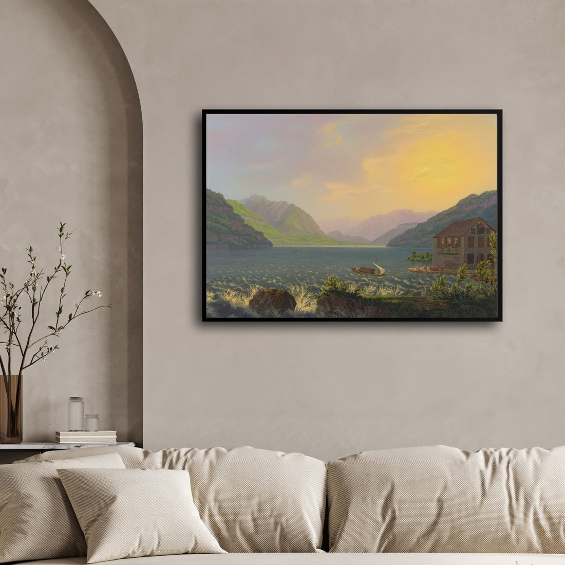 Golden Light on the Lake – Romantic Evening Landscape 2 : 3 Horizontal Premium Wall Art Canvas by MeriDeewar
