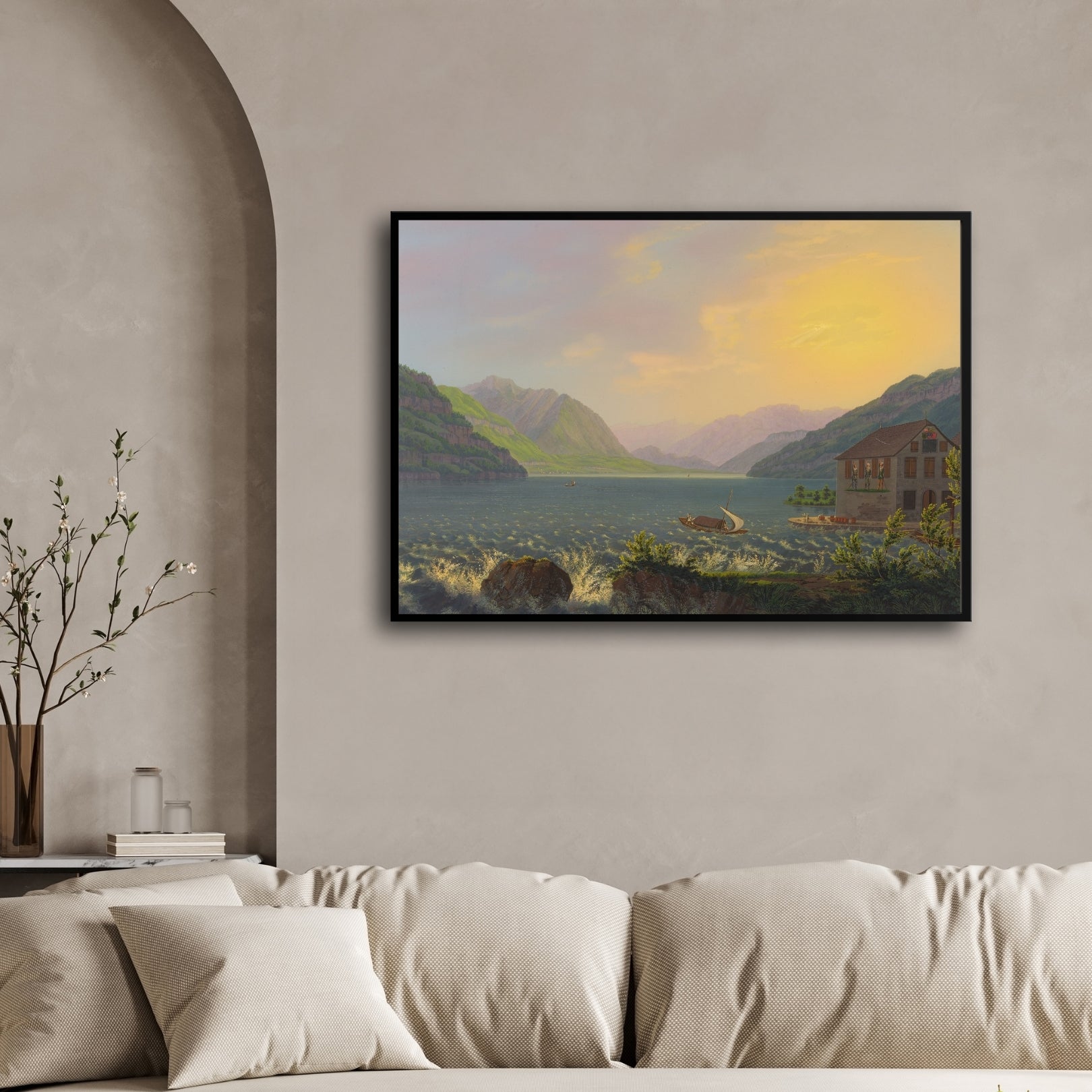 Golden Light on the Lake – Romantic Evening Landscape 2 : 3 Horizontal Premium Wall Art Canvas by MeriDeewar