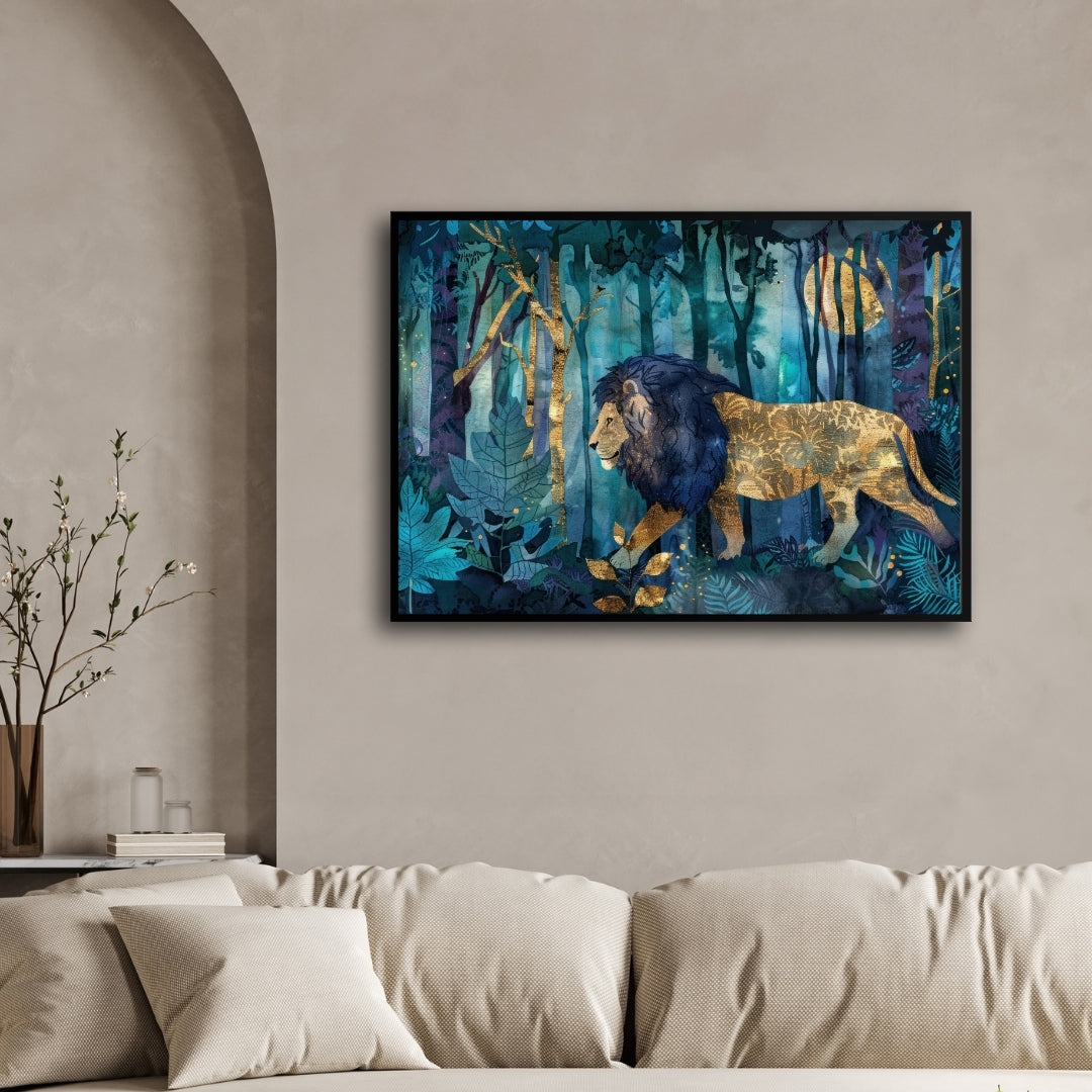 Golden Mane — Lion Canvas Wall Art in Mystical Forest 2 : 3 Horizontal Premium Wall Art Canvas by MeriDeewar