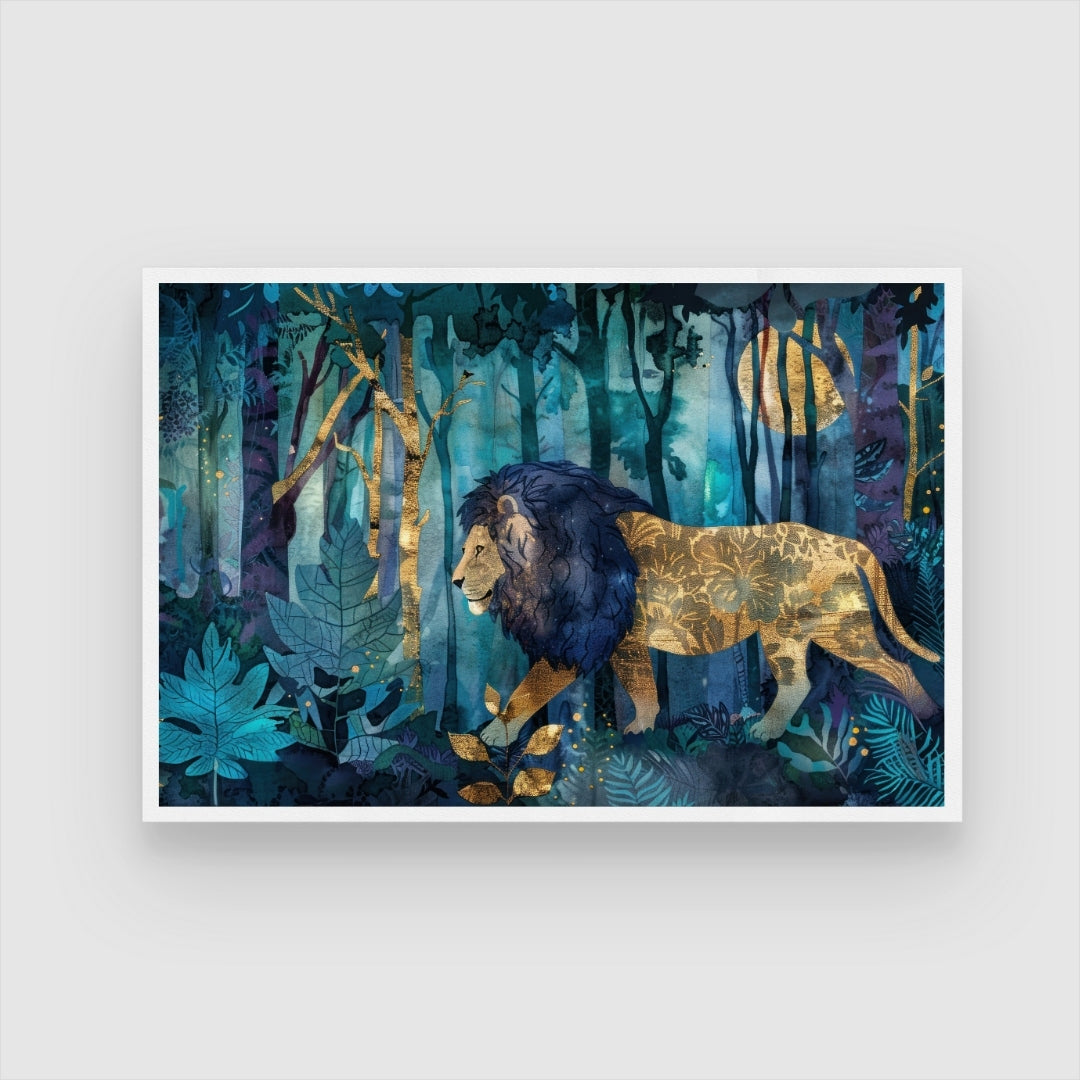 Golden Mane — Lion Canvas Wall Art in Mystical Forest 2 : 3 Horizontal Premium Wall Art Canvas by MeriDeewar