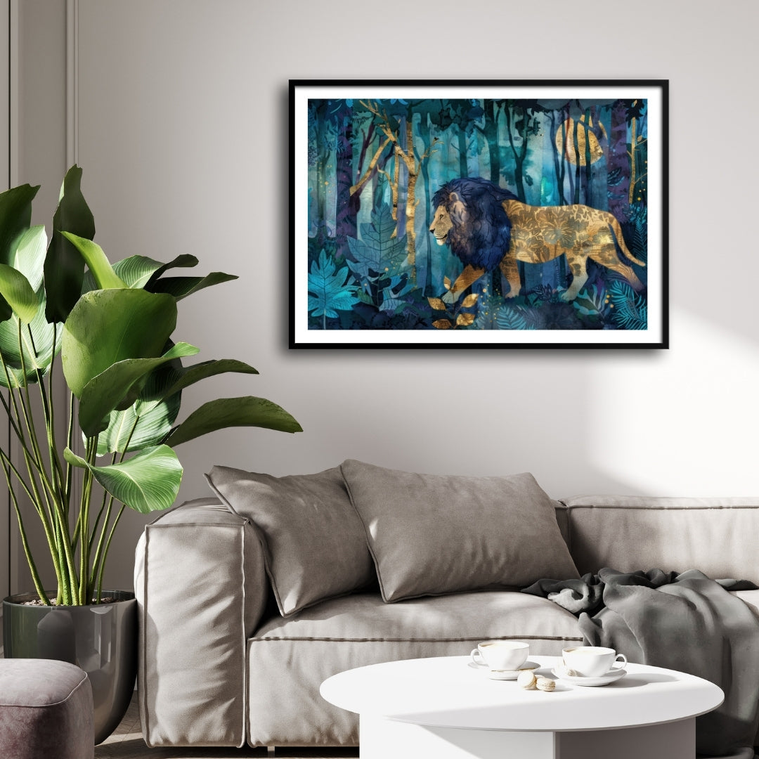 Golden Mane — Lion Canvas Wall Art in Mystical Forest 2 : 3 Horizontal Premium Wall Art Canvas by MeriDeewar