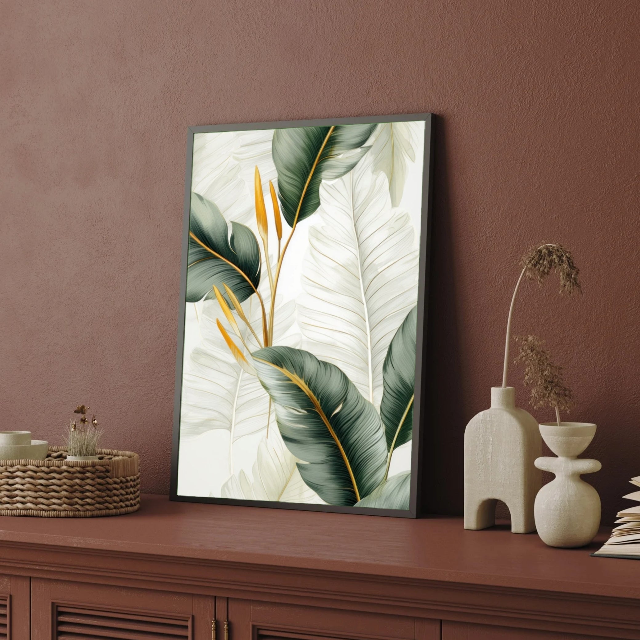 Golden Palm Leaves wall art 2 : 3 Vertical Premium Wall Art Canvas by MeriDeewar