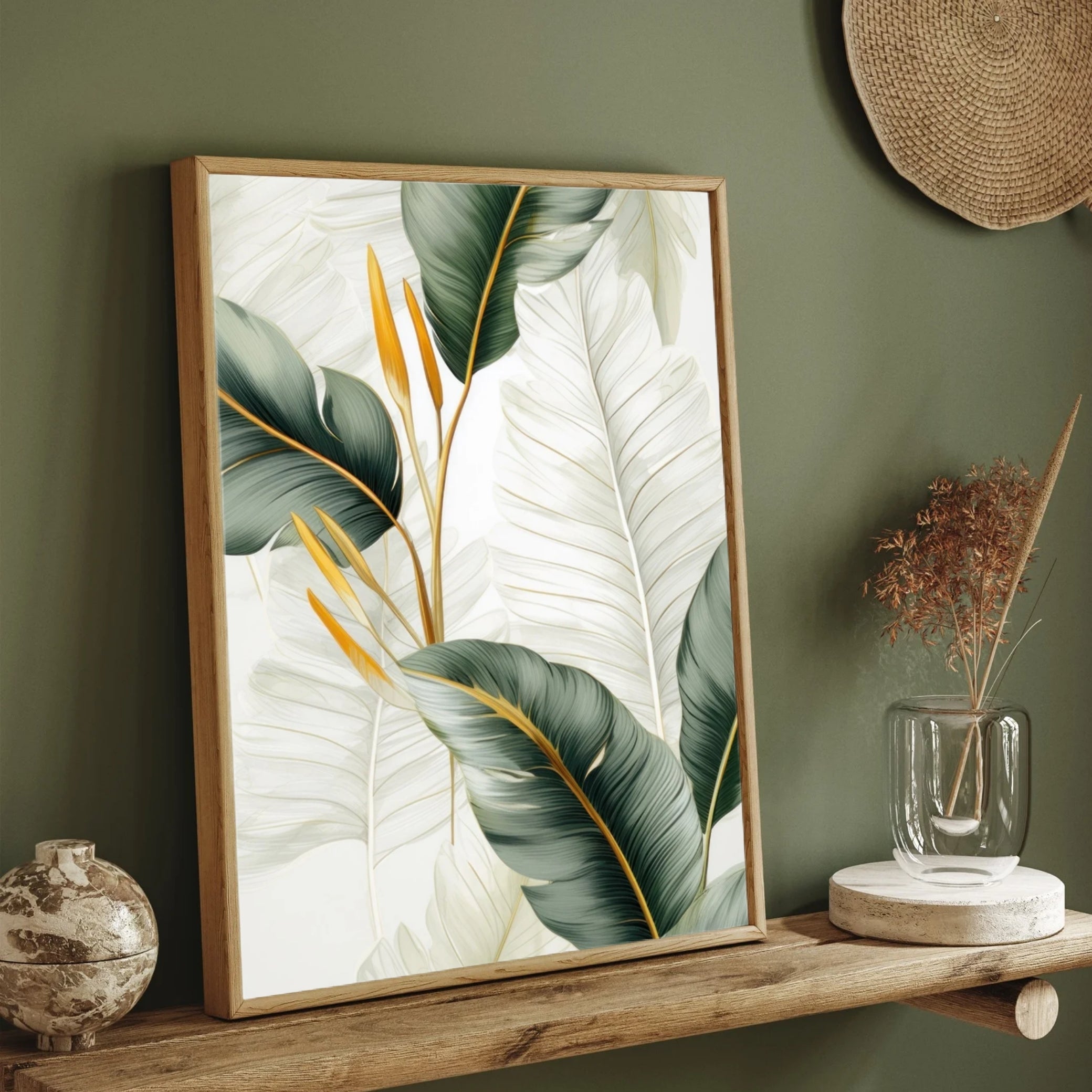 Golden Palm Leaves wall art 2 : 3 Vertical Premium Wall Art Canvas by MeriDeewar