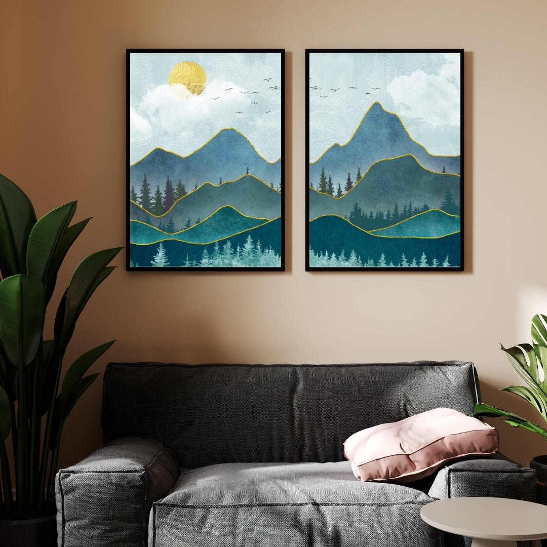 Golden Peaks – Modern Mountain Landscape Wall Art Walls Premium Wall Art Canvas by MeriDeewar