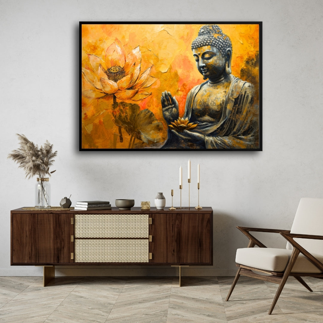 Golden Serenity – Buddha with Lotus Wall Art on Canvas 2 : 3 Horizontal Premium Wall Art Canvas by MeriDeewar