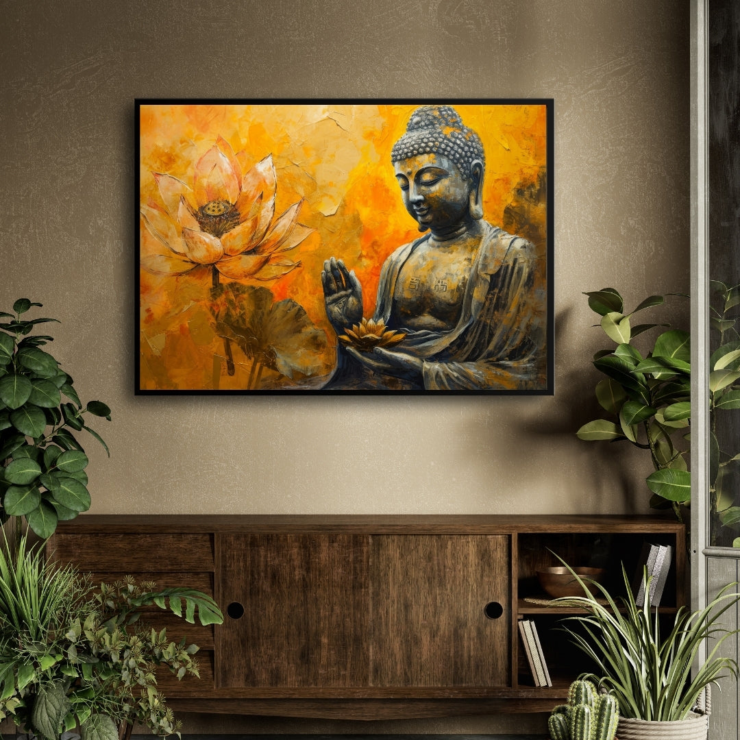 Golden Serenity – Buddha with Lotus Wall Art on Canvas 2 : 3 Horizontal Premium Wall Art Canvas by MeriDeewar