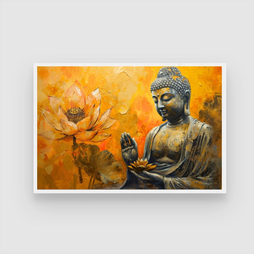 Golden Serenity – Buddha with Lotus Wall Art on Canvas 2 : 3 Horizontal Premium Wall Art Canvas by MeriDeewar
