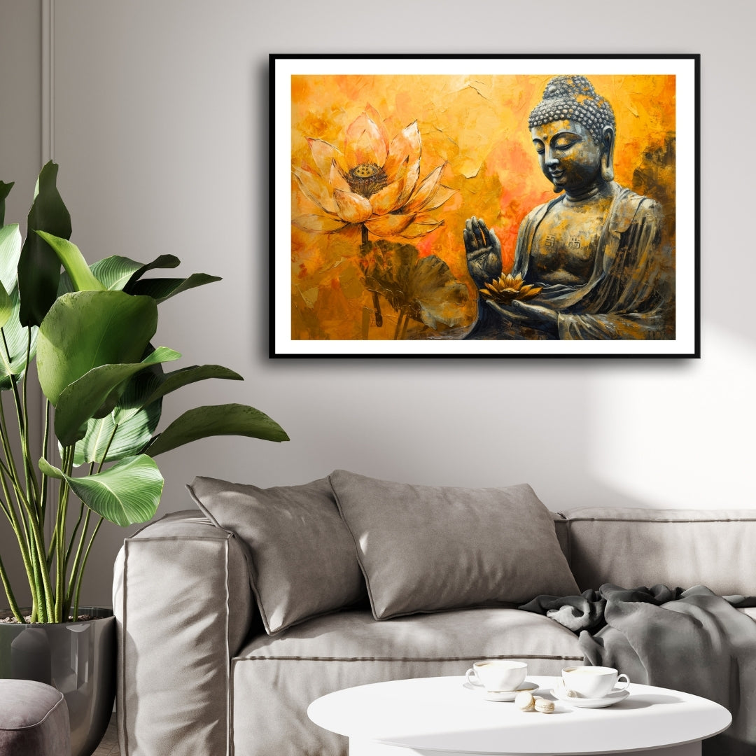 Golden Serenity – Buddha with Lotus Wall Art on Canvas 2 : 3 Horizontal Premium Wall Art Canvas by MeriDeewar