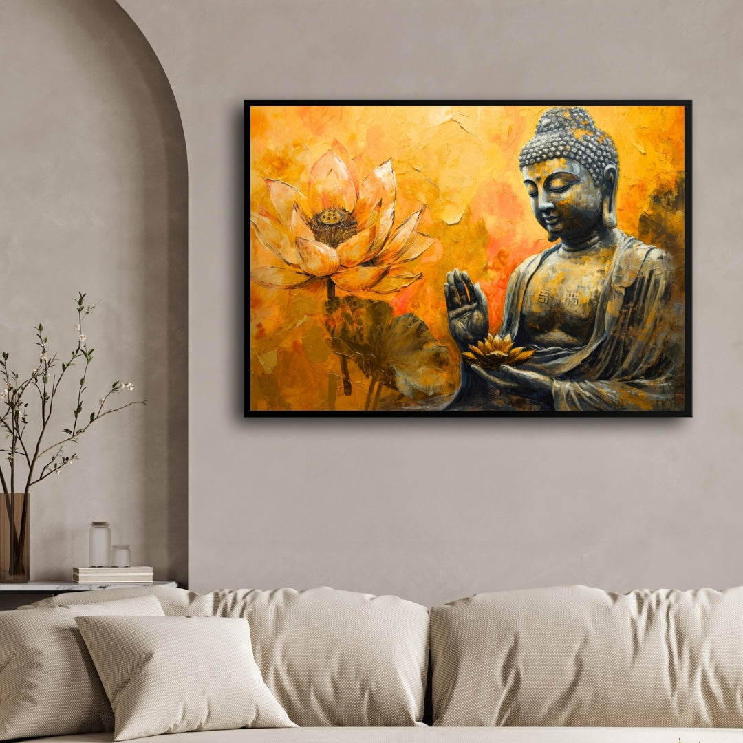 Golden Serenity – Buddha with Lotus Wall Art on Canvas 2 : 3 Horizontal Premium Wall Art Canvas by MeriDeewar