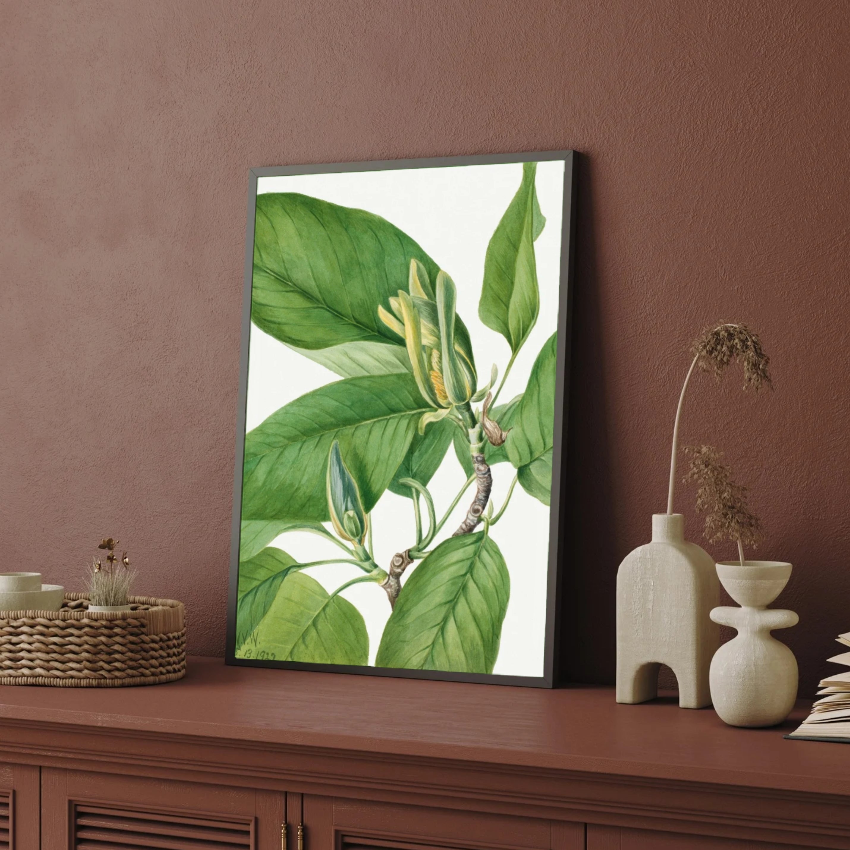 Golden Sprout – Botanical Leaf & Bud Wall Art Print 2 : 3 Vertical Premium Wall Art Canvas by MeriDeewar