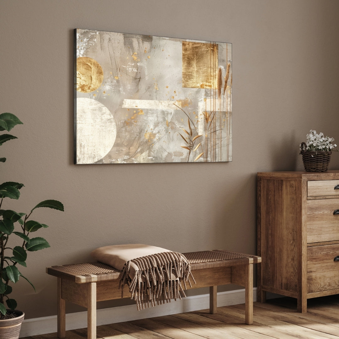 Golden Stillness – Modern Abstract Nature-Inspired Wall Art Print 2 : 3 Horizontal Premium Wall Art Canvas by MeriDeewar
