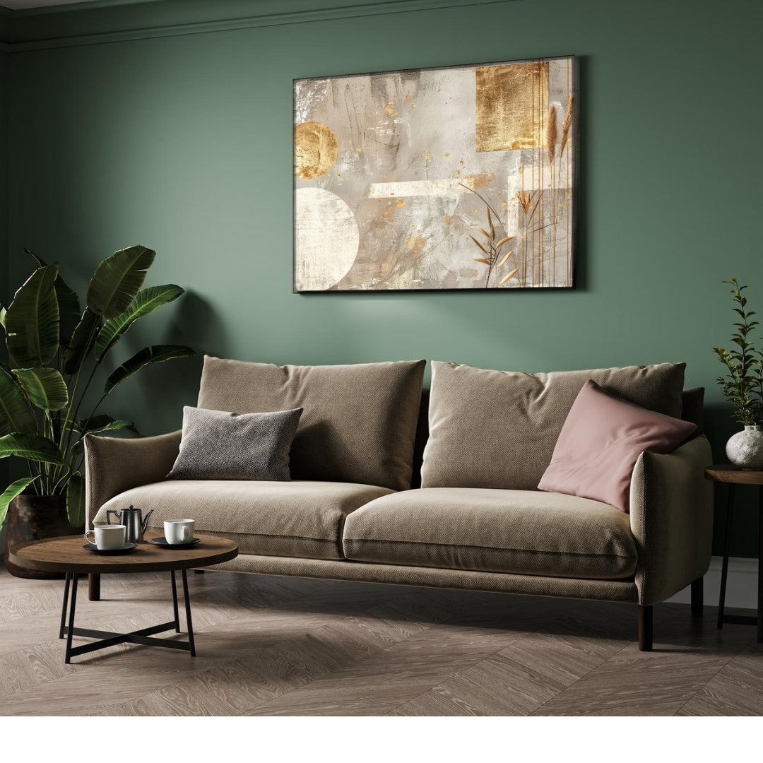 Golden Stillness – Modern Abstract Nature-Inspired Wall Art Print 2 : 3 Horizontal Premium Wall Art Canvas by MeriDeewar
