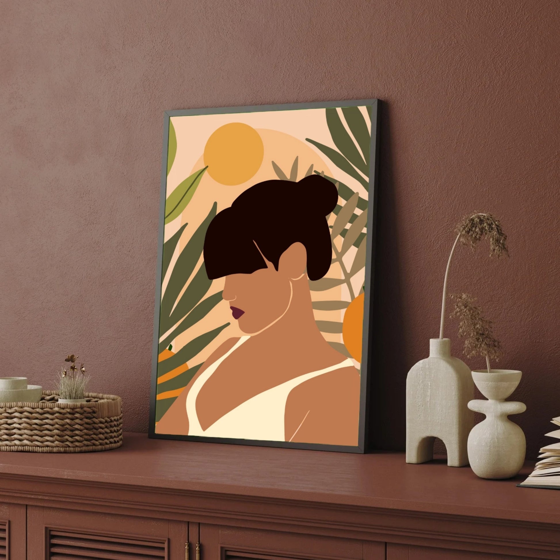 Golden Sun – Tropical Woman Portrait Wall Art Print 2 : 3 Vertical Premium Wall Art Canvas by MeriDeewar