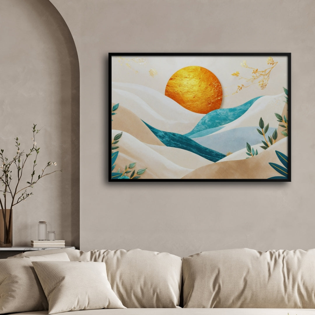 Golden Sunrise Over Abstract Hills – Modern Canvas Wall Art 2 : 3 Horizontal Premium Wall Art Canvas by MeriDeewar
