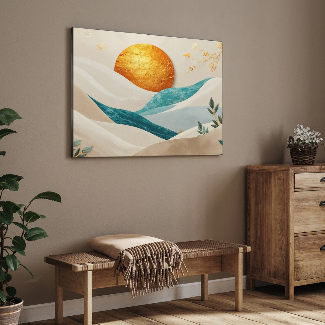Golden Sunrise Over Abstract Hills – Modern Canvas Wall Art 2 : 3 Horizontal Premium Wall Art Canvas by MeriDeewar