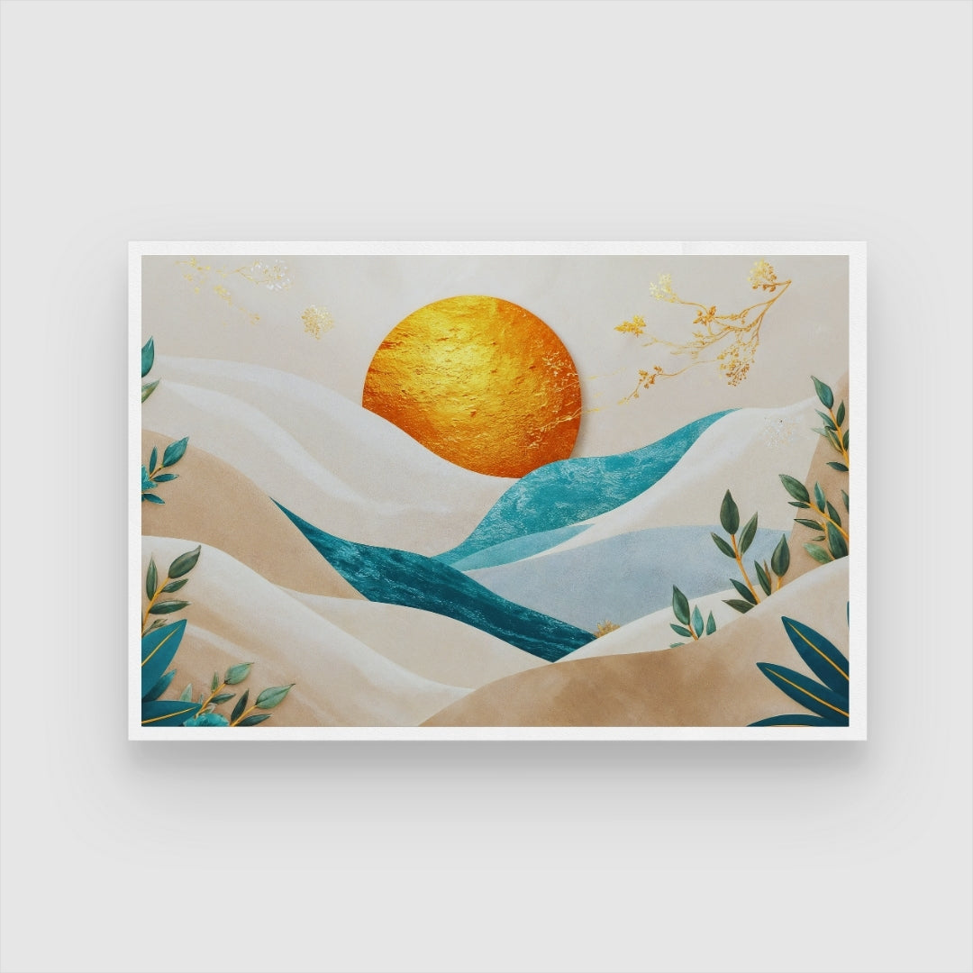 Golden Sunrise Over Abstract Hills – Modern Canvas Wall Art 2 : 3 Horizontal Premium Wall Art Canvas by MeriDeewar
