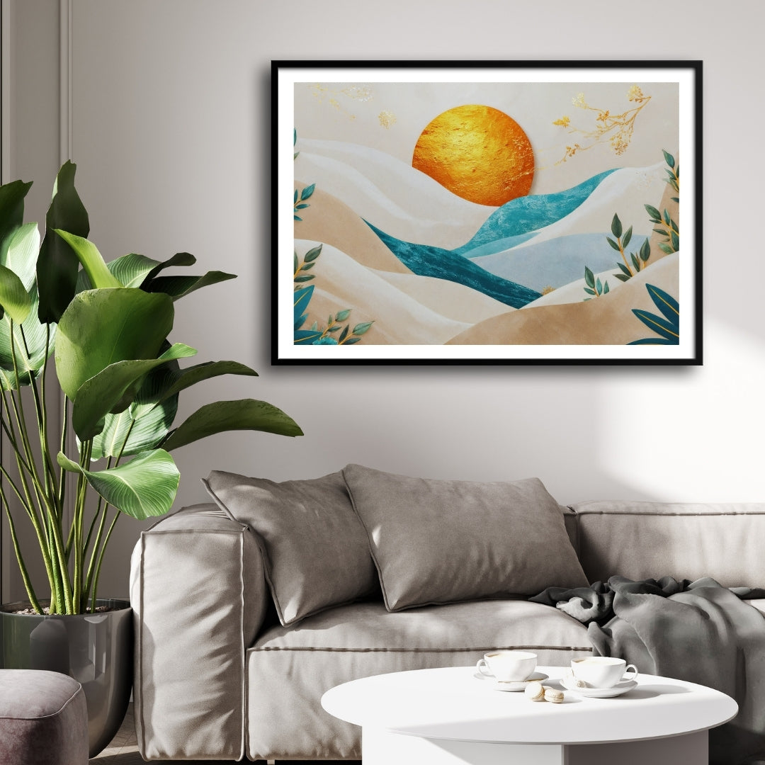 Golden Sunrise Over Abstract Hills – Modern Canvas Wall Art 2 : 3 Horizontal Premium Wall Art Canvas by MeriDeewar