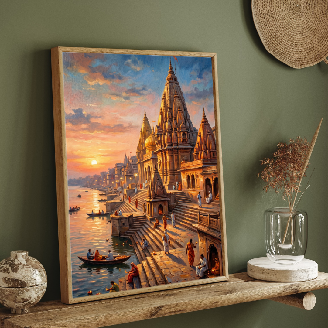Golden Sunrise Varanasi Ghats Wall Art | Vertical Oil Painting Framed Print 2 : 3 Vertical Premium Wall Art Canvas by MeriDeewar
