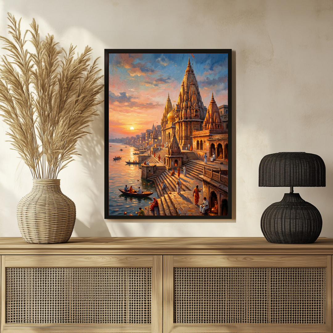 Golden Sunrise Varanasi Ghats Wall Art | Vertical Oil Painting Framed Print 2 : 3 Vertical Premium Wall Art Canvas by MeriDeewar