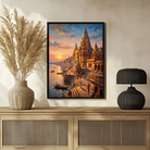 Golden Sunrise Varanasi Ghats Wall Art | Vertical Oil Painting Framed Print 2 : 3 Vertical Premium Wall Art Canvas by MeriDeewar