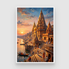 Golden Sunrise Varanasi Ghats Wall Art | Vertical Oil Painting Framed Print 2 : 3 Vertical Premium Wall Art Canvas by MeriDeewar