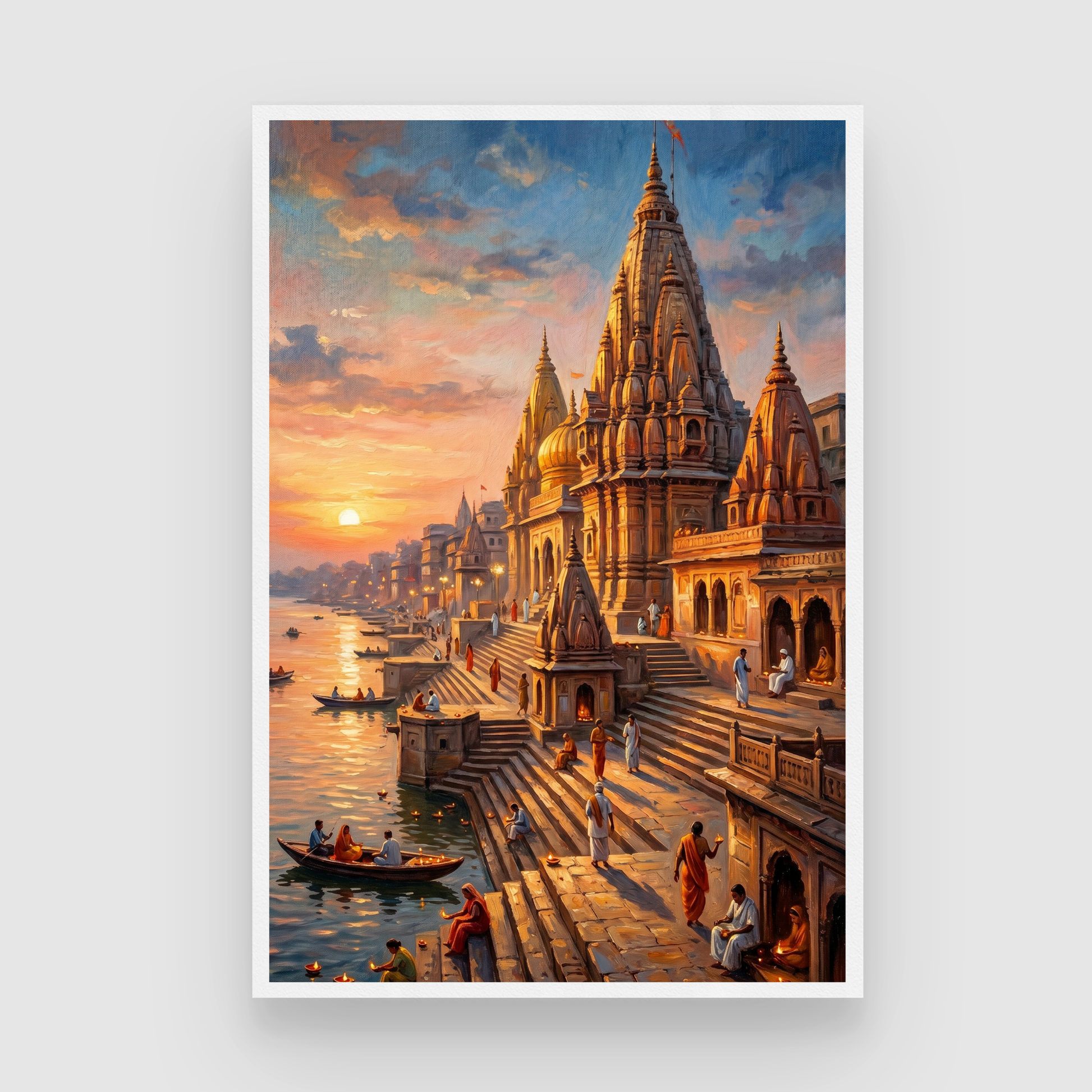 Golden Sunrise Varanasi Ghats Wall Art | Vertical Oil Painting Framed Print 2 : 3 Vertical Premium Wall Art Canvas by MeriDeewar
