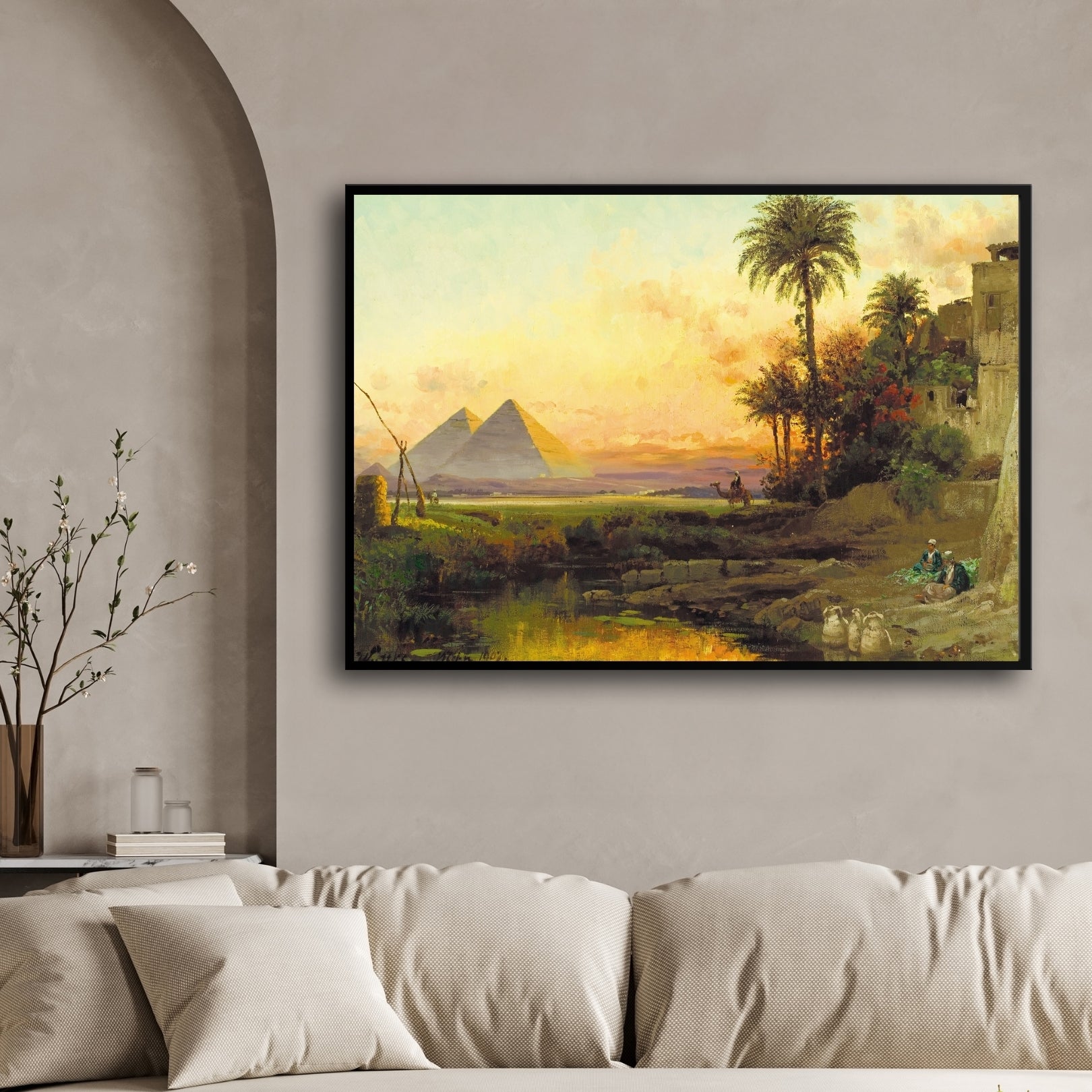 Golden Sunset Over the Pyramids – Egyptian Landscape Wall Art 2 : 3 Horizontal Premium Wall Art Canvas by MeriDeewar