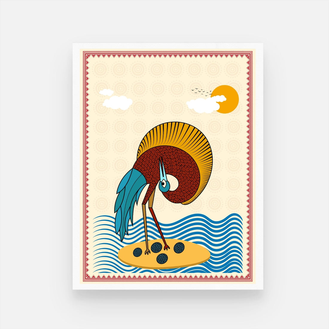 Gond Art Elegance: Flamingo & Egg with Sun Painting - MeriDeewar 3 : 4 Vertical New Premium Wall Art Canvas by MeriDeewar