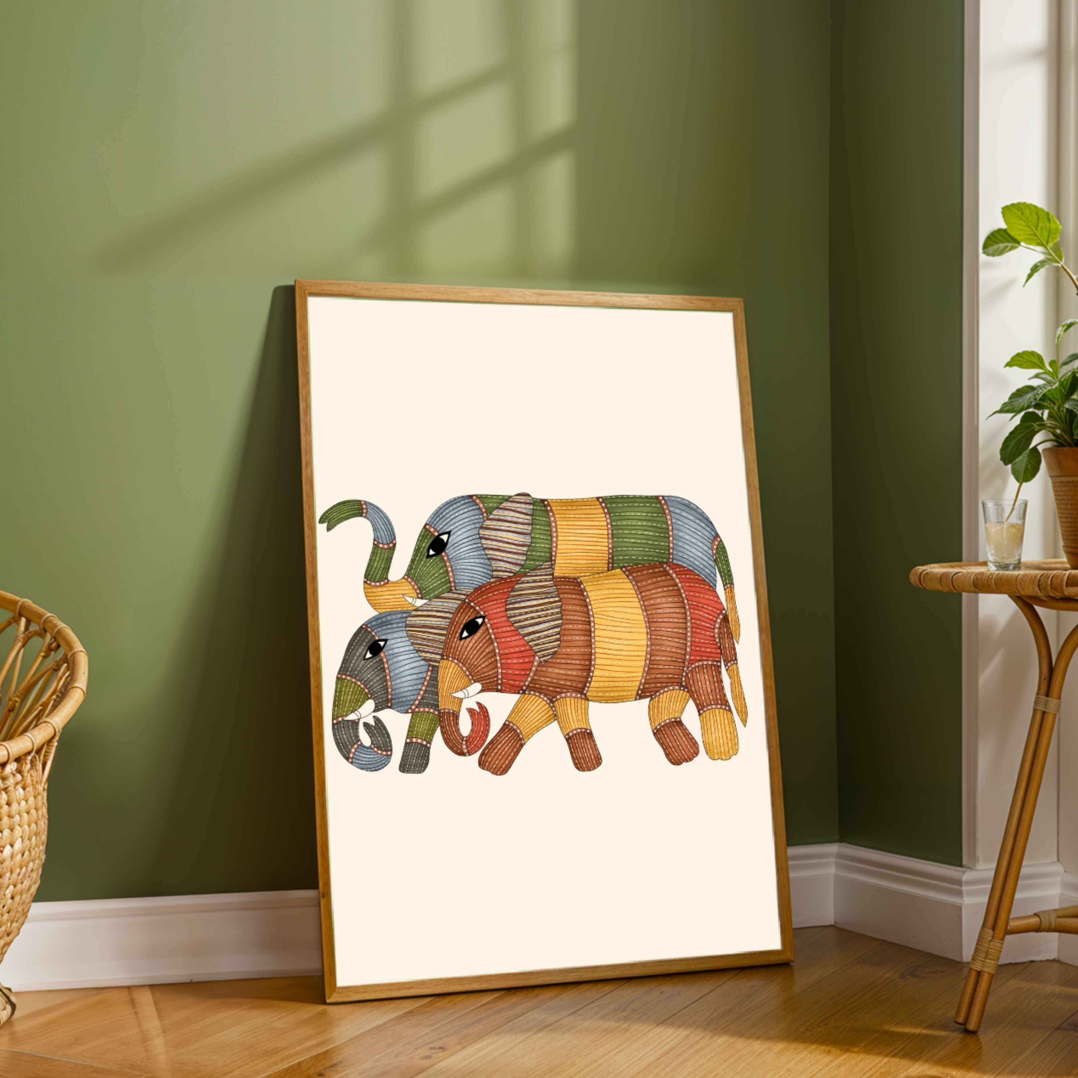 "Gond Art Elephants" Traditional Indian Tribal Art Giclée Print | Fine Art Wall Art 3 : 4 Vertical Premium Wall Art Canvas by MeriDeewar